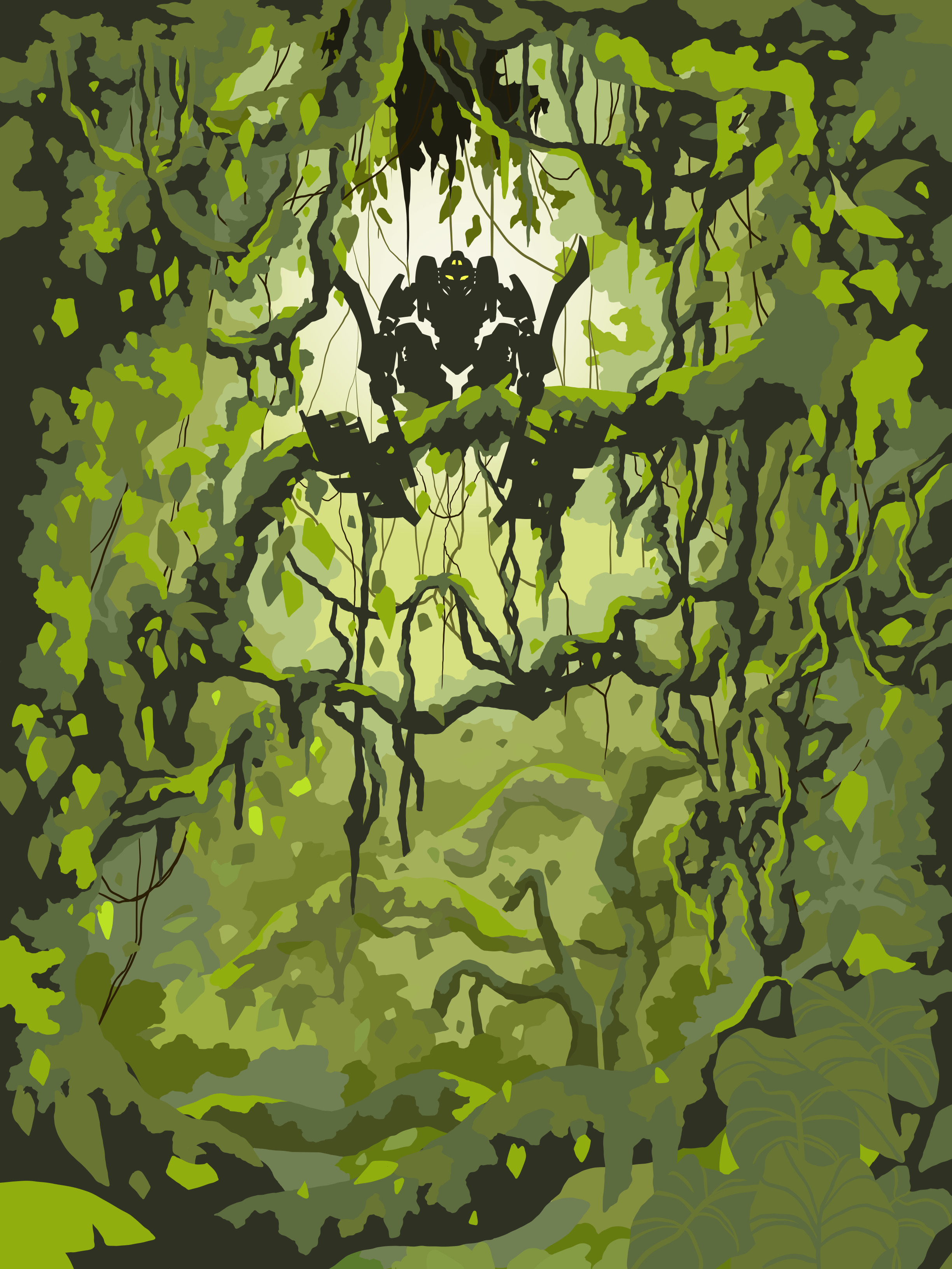 Silhouette of Toa Lewa in a jungle canopy.